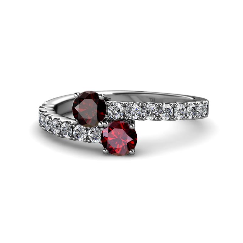 Delise 5.00mm Round Red Garnet and Ruby with Side Diamonds Bypass Ring 