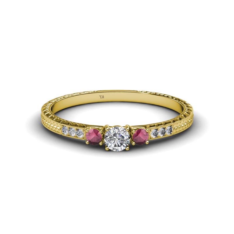 Tresu Diamond and Rhodolite Garnet Three Stone Ring  