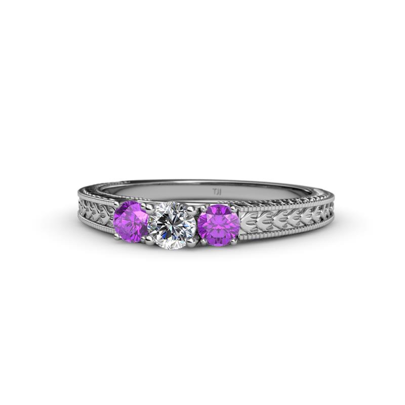 Reveka Diamond and Amethyst Three Stone Engagement Ring 