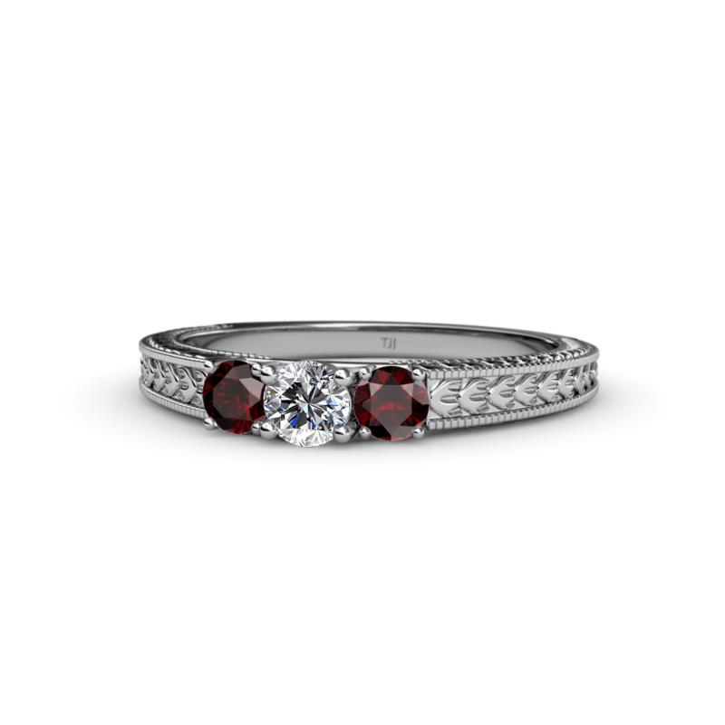 Reveka Diamond and Red Garnet Three Stone Engagement Ring 