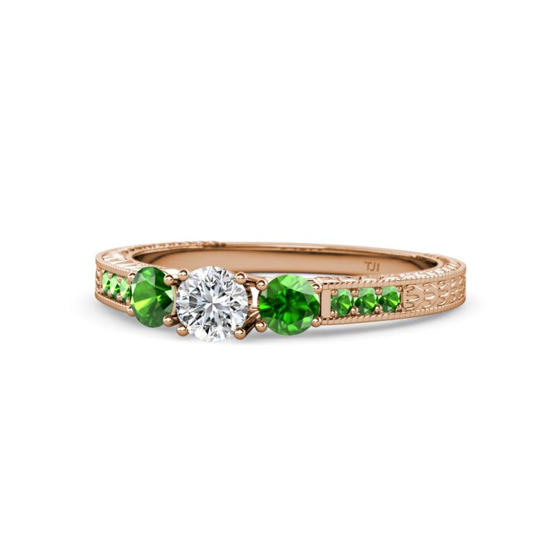 Ayaka Diamond and Green Garnet Three Stone with Side Green Garnet Ring 