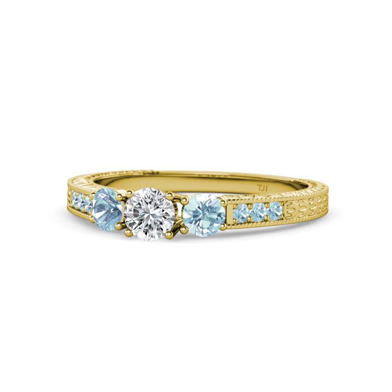 Ayaka Diamond and Aquamarine Three Stone with Side Aquamarine Ring 