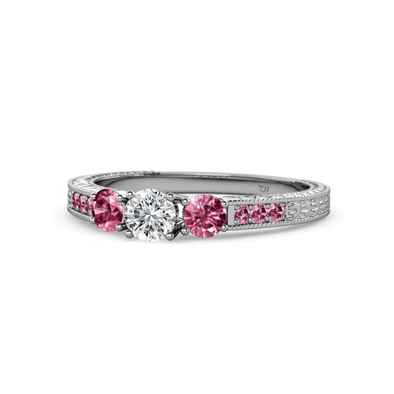 Ayaka Diamond and Pink Tourmaline Three Stone with Side Pink Tourmaline Ring 