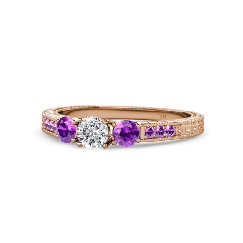Ayaka Diamond and Amethyst Three Stone with Side Amethyst Ring 