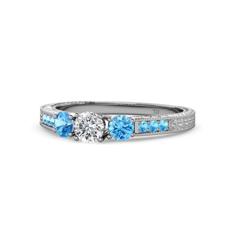 Ayaka Diamond and Blue Topaz Three Stone with Side Blue Topaz Ring 