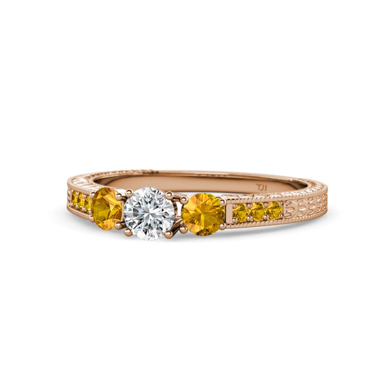 Ayaka Diamond and Citrine Three Stone with Side Citrine Ring 