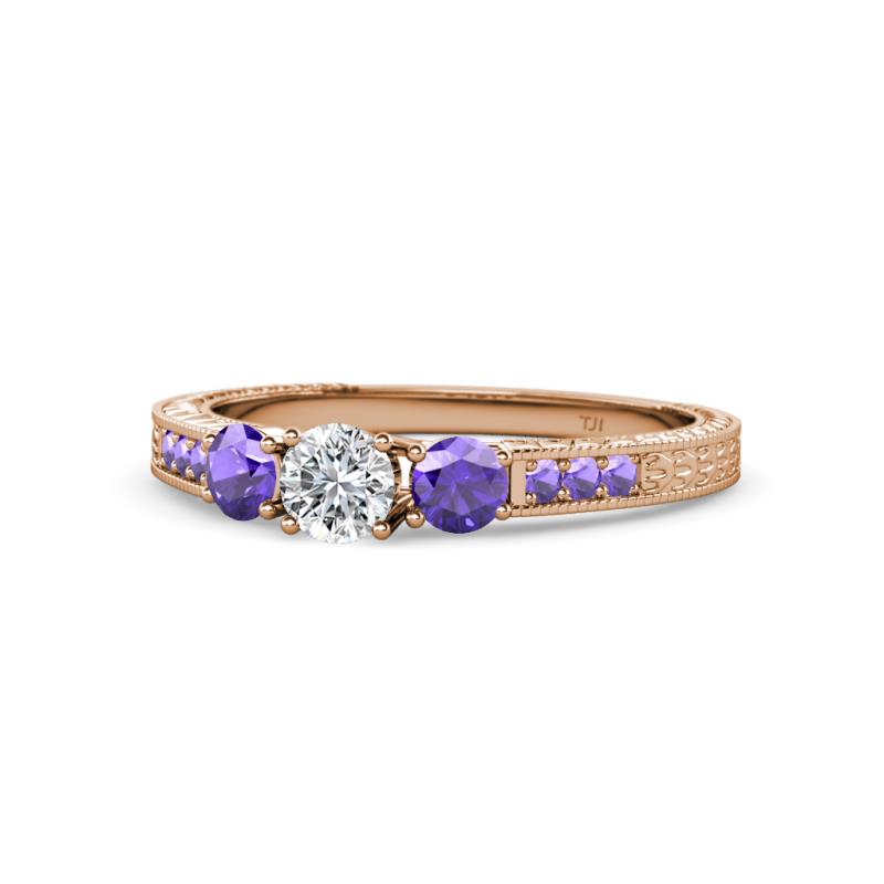 Ayaka Diamond and Iolite Three Stone with Side Iolite Ring 