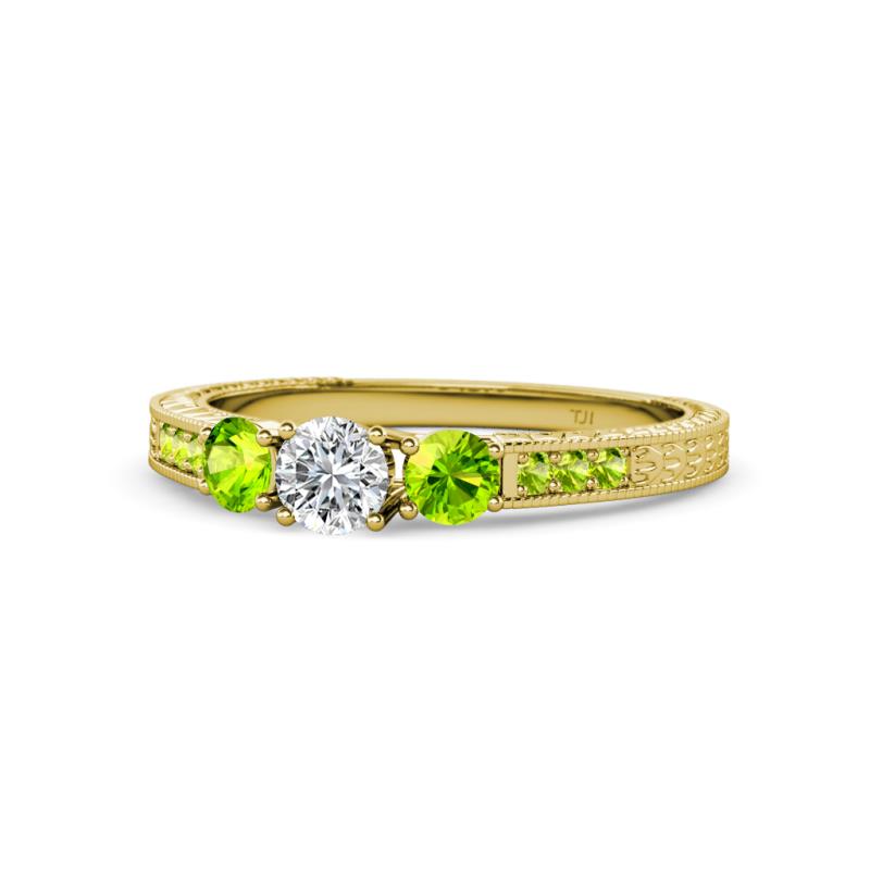 Ayaka Diamond and Peridot Three Stone with Side Peridot Ring 