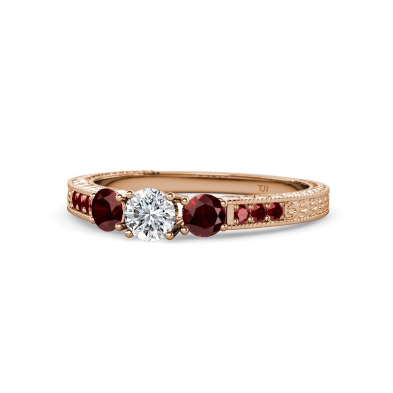 Ayaka Diamond and Red Garnet Three Stone with Side Red Garnet Ring 