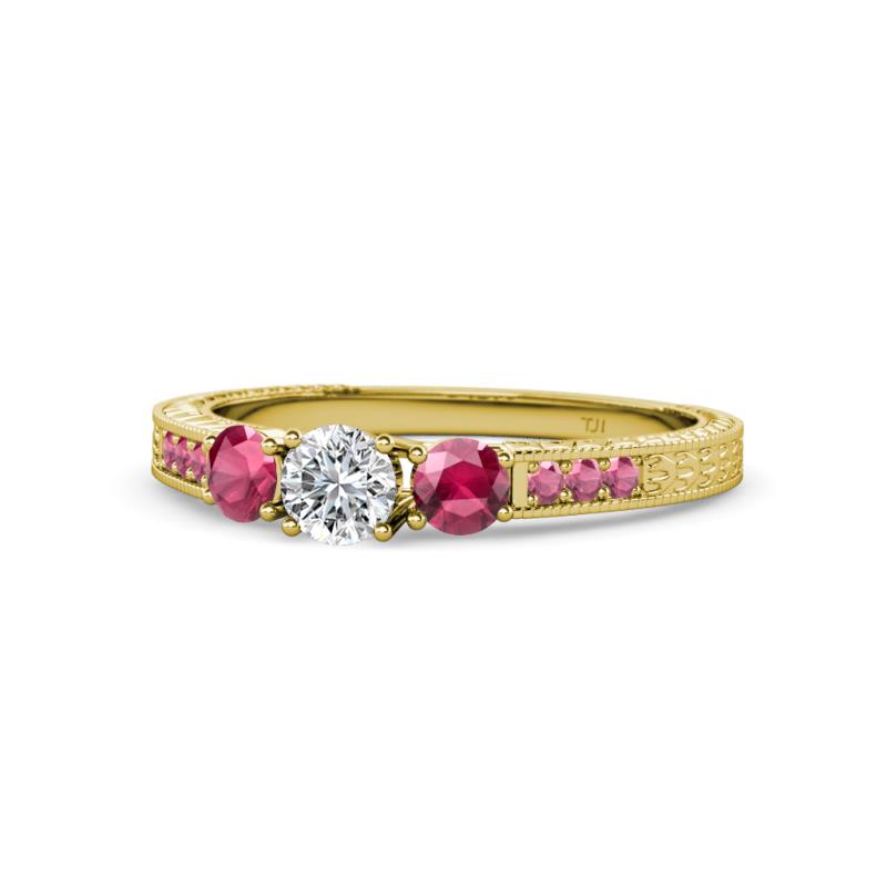 Ayaka Diamond and Rhodolite Garnet Three Stone with Side Rhodolite Garnet Ring 