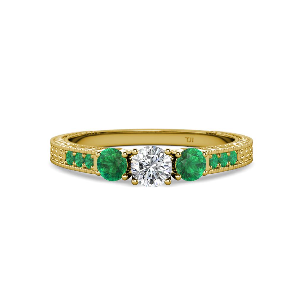 Ayaka Diamond and Emerald Three Stone with Side Emerald Ring 