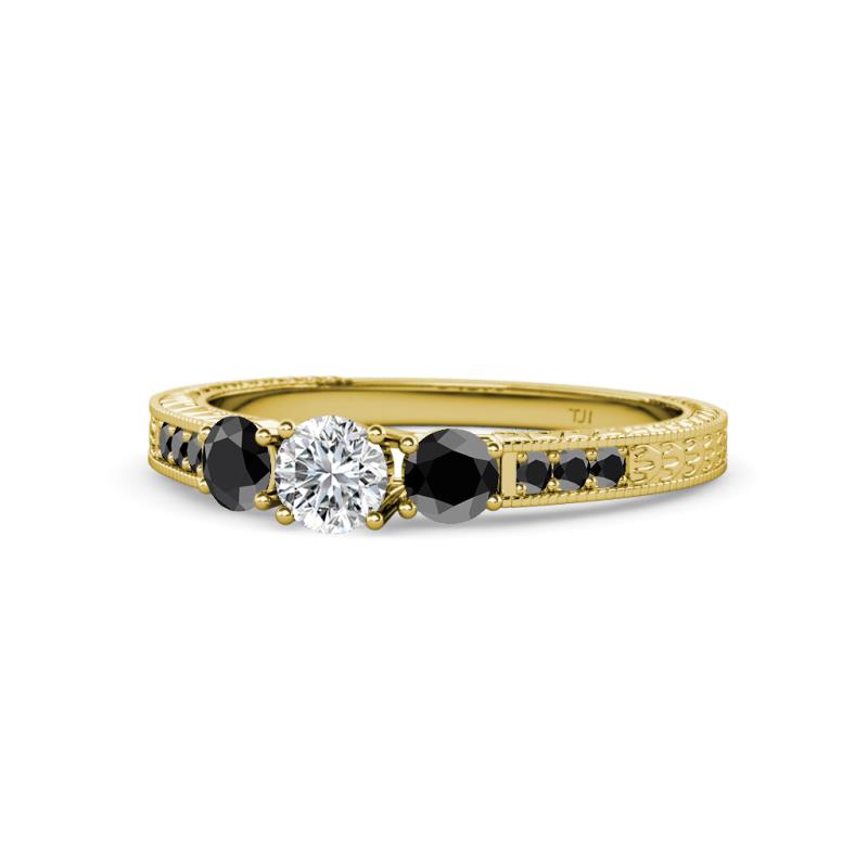 Ayaka Black and White Diamond Three Stone with Side Black Diamond Ring 