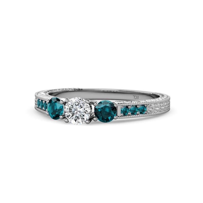 Ayaka Diamond and London Blue Topaz Three Stone with Side London Blue Topaz Ring 