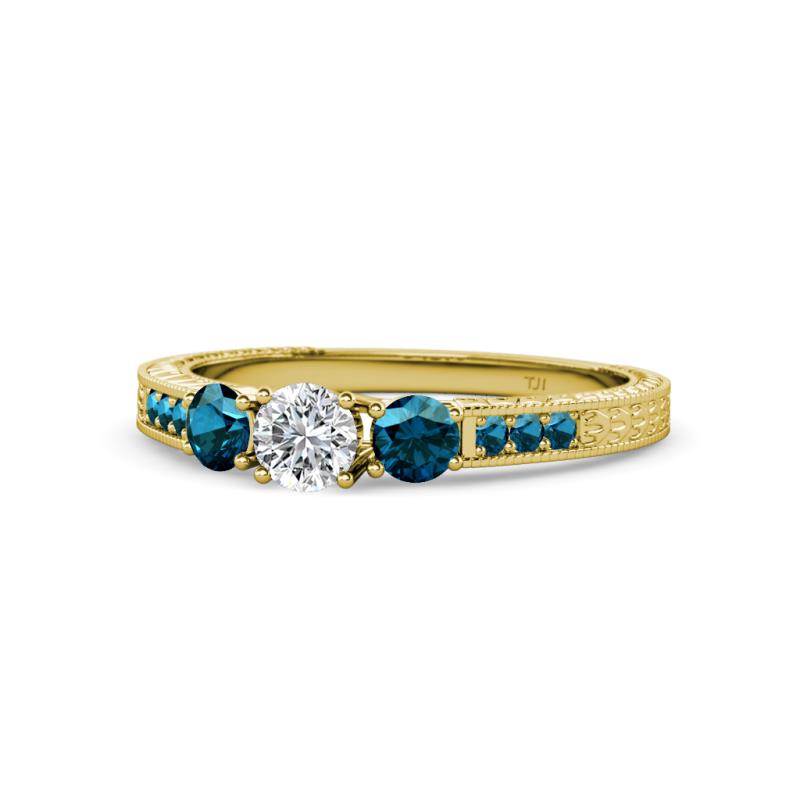 Ayaka Blue and White Diamond Three Stone with Side Blue Diamond Ring 