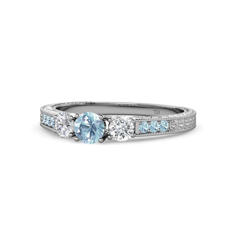 Ayaka Aquamarine and Diamond Three Stone with Side Aquamarine Ring 