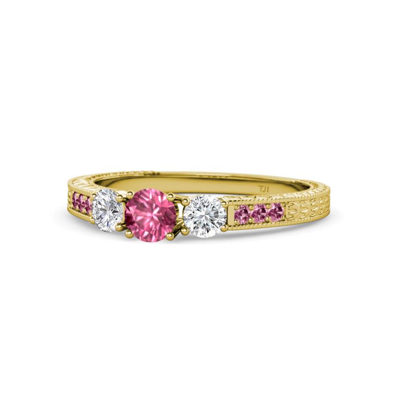 Ayaka Pink Tourmaline and Diamond Three Stone with Side Pink Tourmaline Ring 