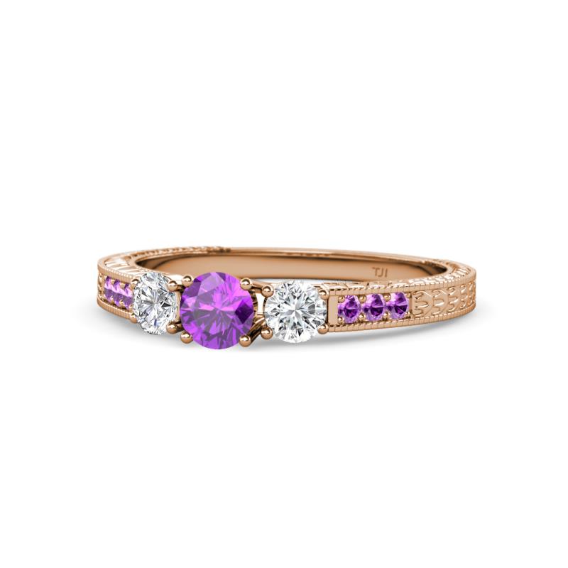 Ayaka Amethyst and Diamond Three Stone with Side Amethyst Ring 