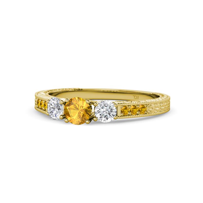 Ayaka Citrine and Diamond Three Stone with Side Citrine Ring 