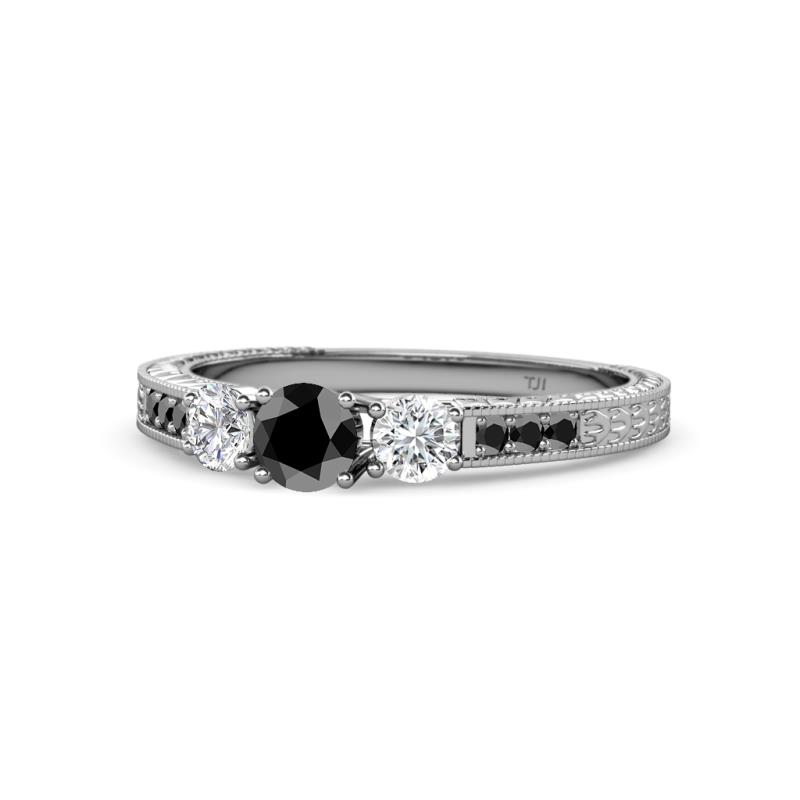 Ayaka Black and White Diamond Three Stone with Side Black Diamond Ring 