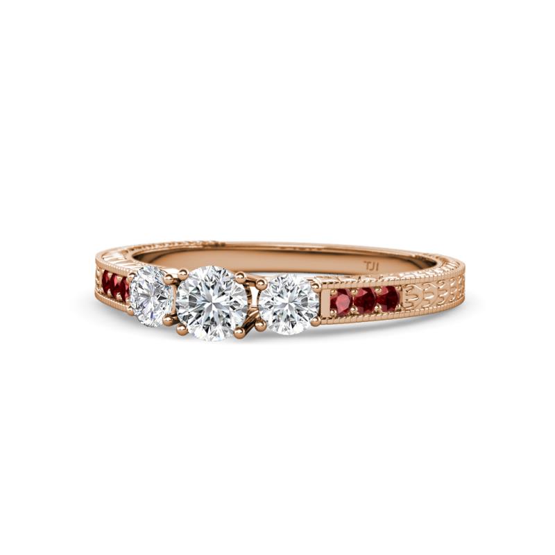 Ayaka Diamond Three Stone with Side Red Garnet Ring 