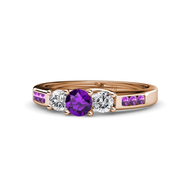 Jamille Amethyst and Diamond Three Stone with Side Amethyst Ring 