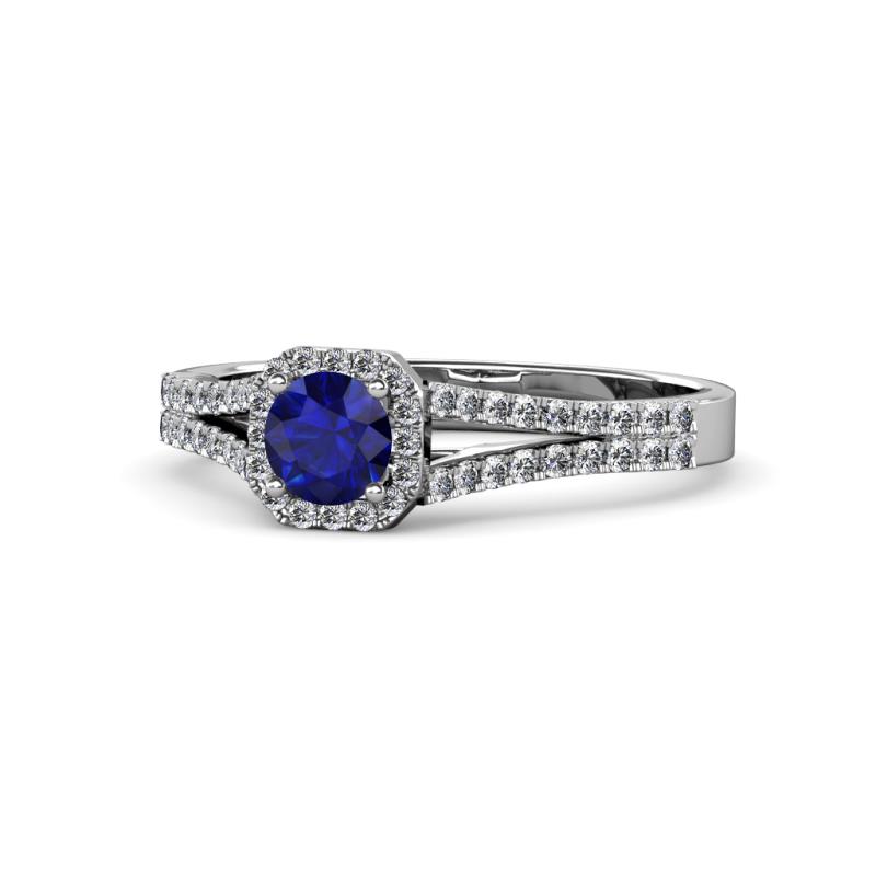 Roial Blue Sapphire and Diamond Halo Engagement Ring 