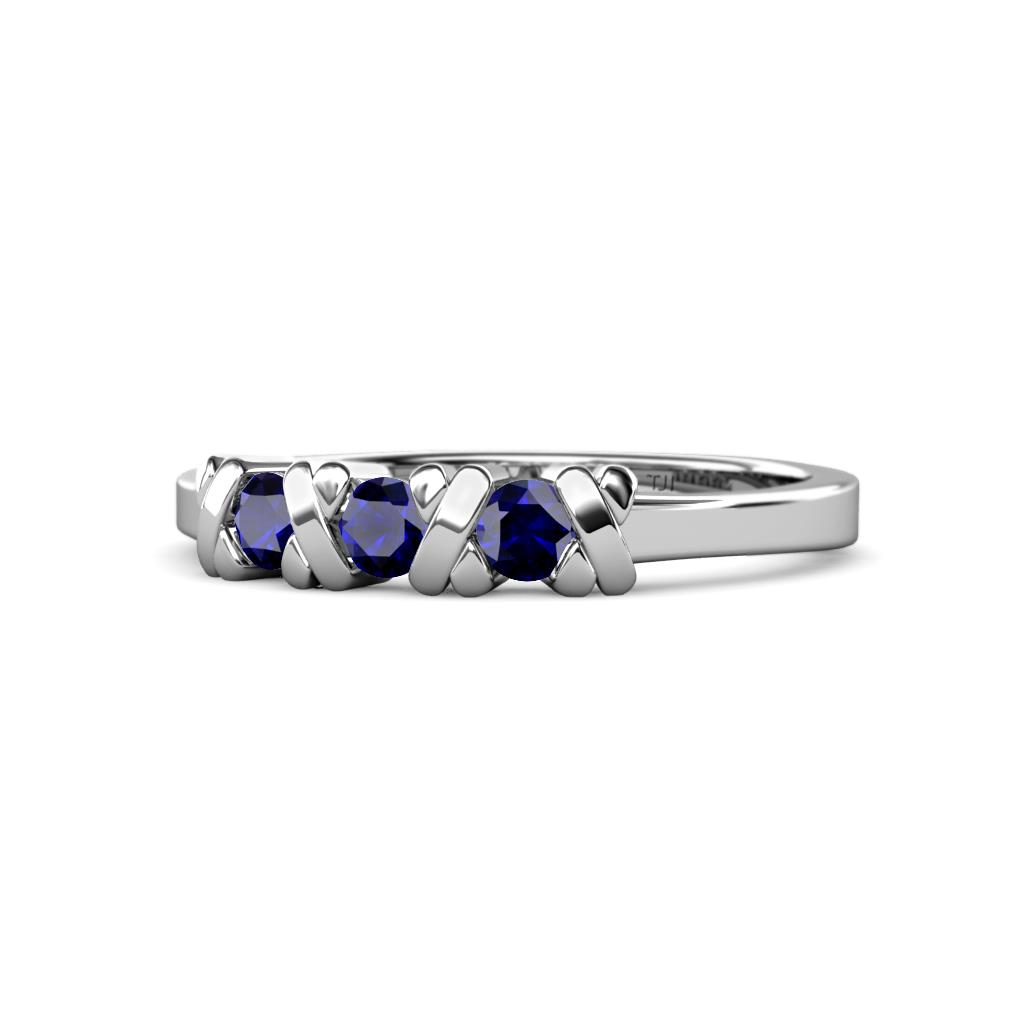 Fiona Blue Sapphire XOXO Three Stone Engagement Ring Blue Sapphire Hugs and Kisses Womens Three Stone Engagement Ring ctw K White Gold