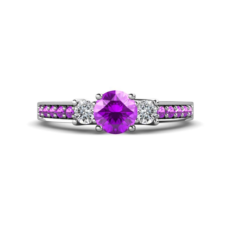 Valene Amethyst and Diamond Three Stone with Side Amethyst Ring 