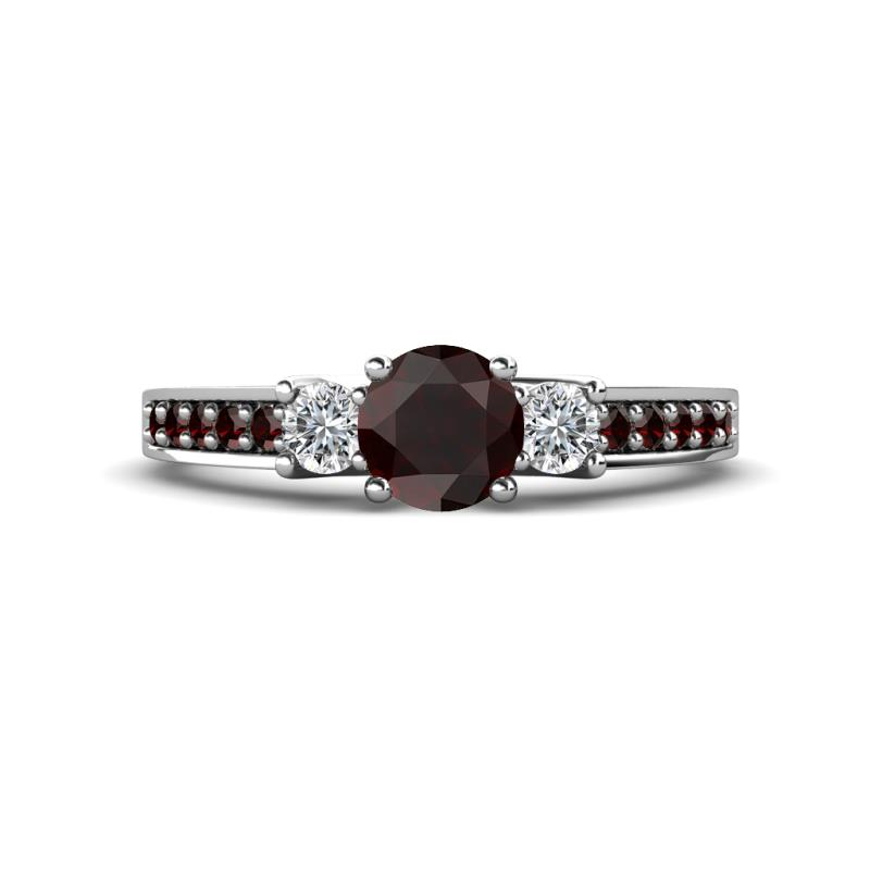 Valene Red Garnet and Diamond Three Stone with Side Red Garnet Ring 