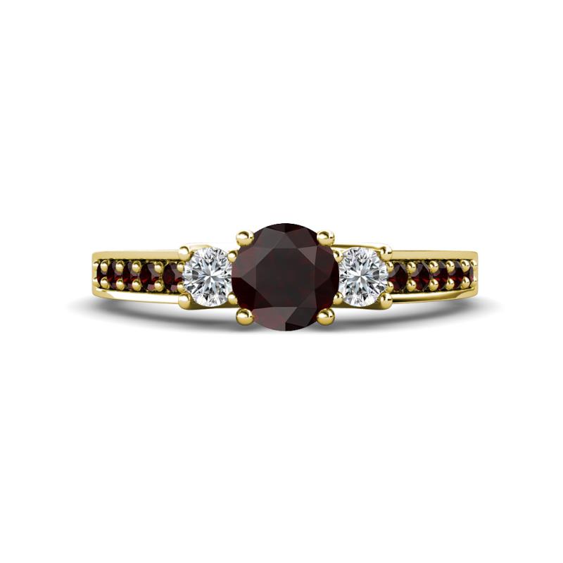 Valene Red Garnet and Diamond Three Stone with Side Red Garnet Ring 