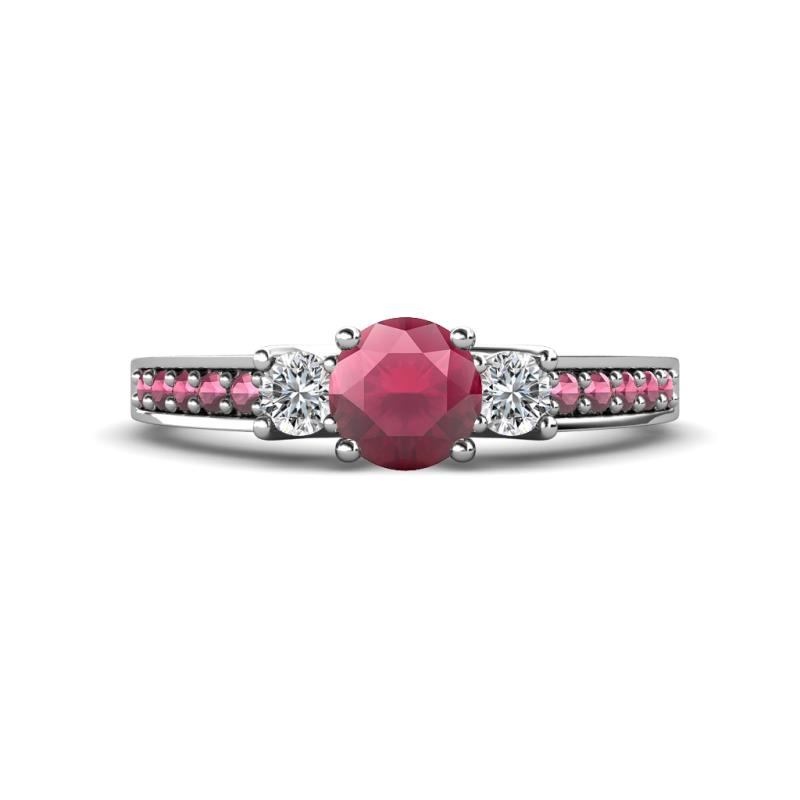 Valene Rhodolite Garnet and Diamond Three Stone with Side Rhodolite Garnet Ring 