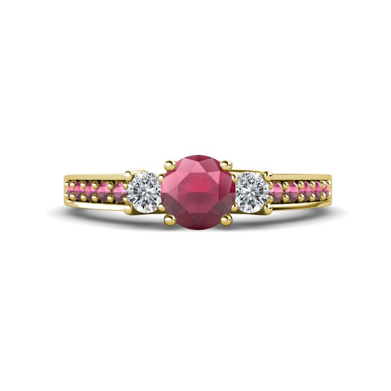 Valene Rhodolite Garnet and Diamond Three Stone with Side Rhodolite Garnet Ring 
