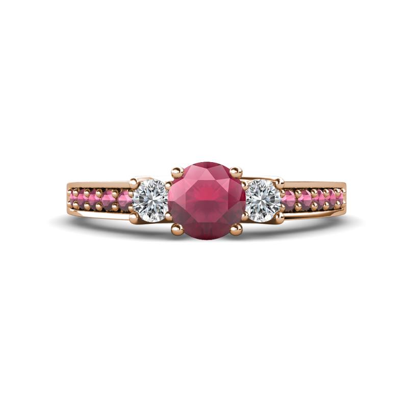Valene Rhodolite Garnet and Diamond Three Stone with Side Rhodolite Garnet Ring 