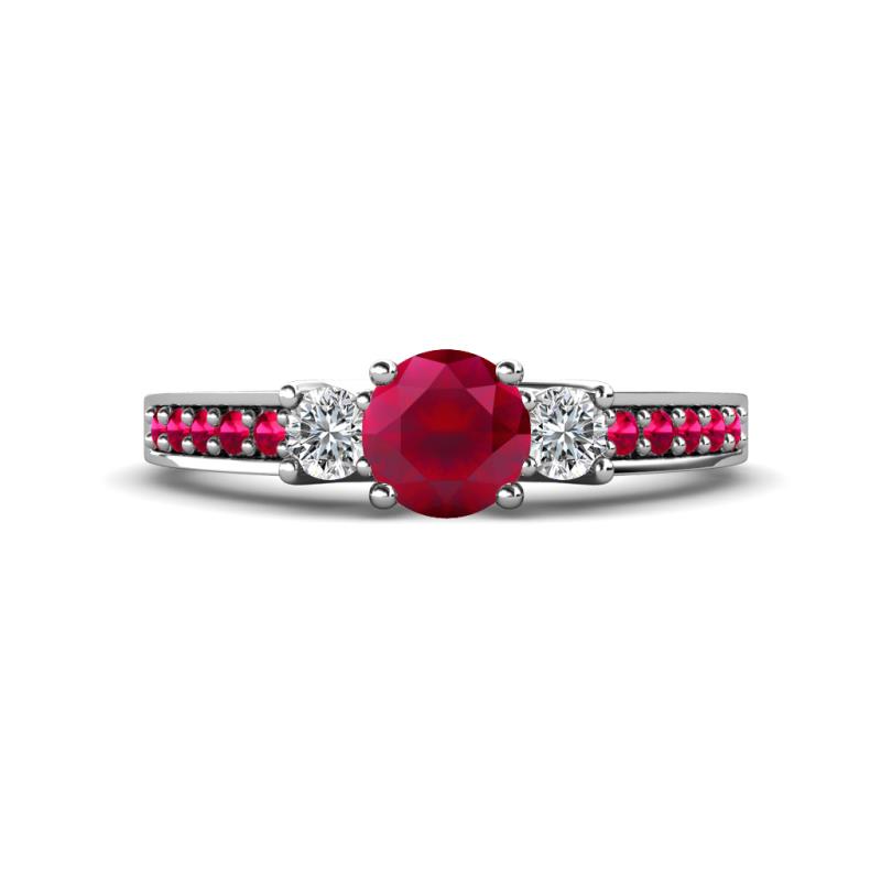 Valene Ruby and Diamond Three Stone with Side Ruby Ring 