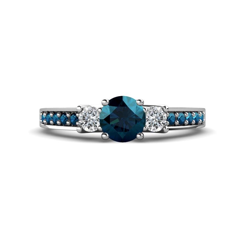 Valene Blue and White Diamond Three Stone with Side Blue Diamond Ring 