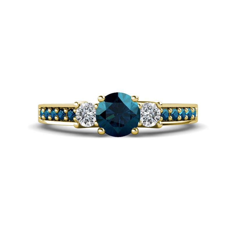 Valene Blue and White Diamond Three Stone with Side Blue Diamond Ring 