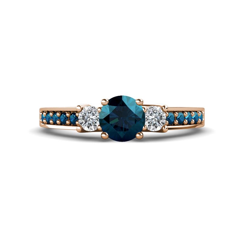 Valene Blue and White Diamond Three Stone with Side Blue Diamond Ring 