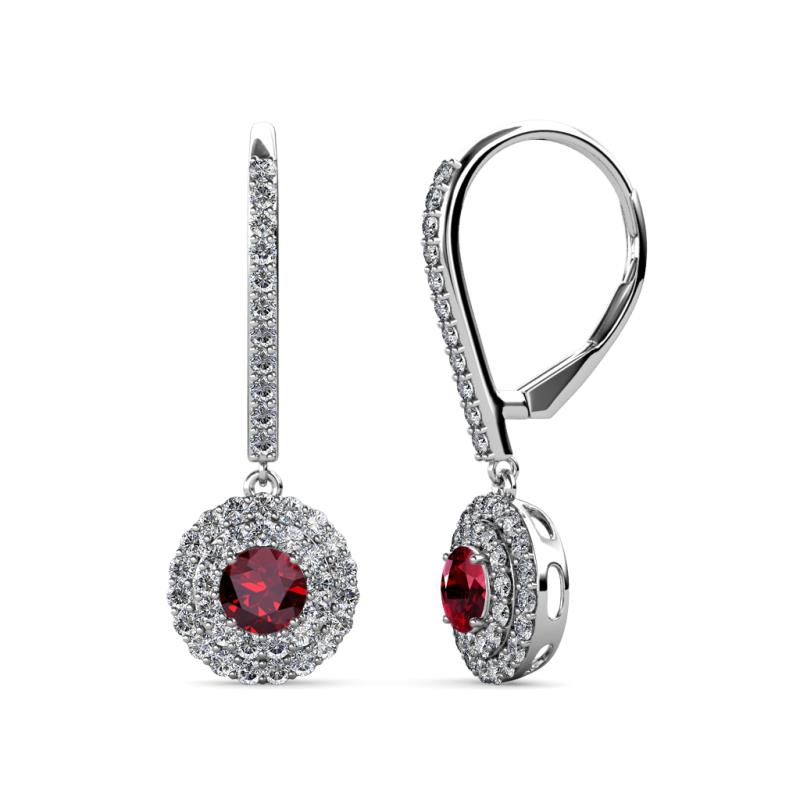 Mavra 3.5mm Ruby and Diamond Double Halo Dangling Earrings 