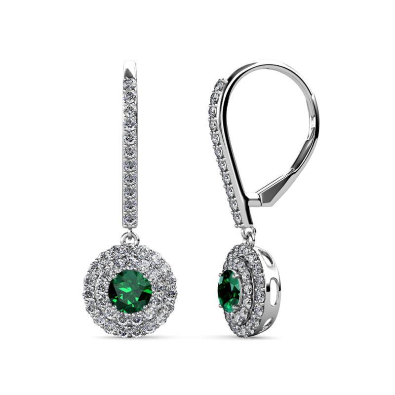Mavra 3.5mm Emerald and Diamond Double Halo Dangling Earrings 