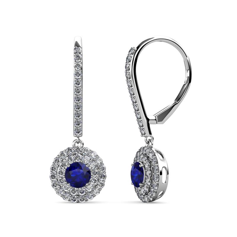 Mavra 3.5mm Blue Sapphire and Diamond Double Halo Dangling Earrings 
