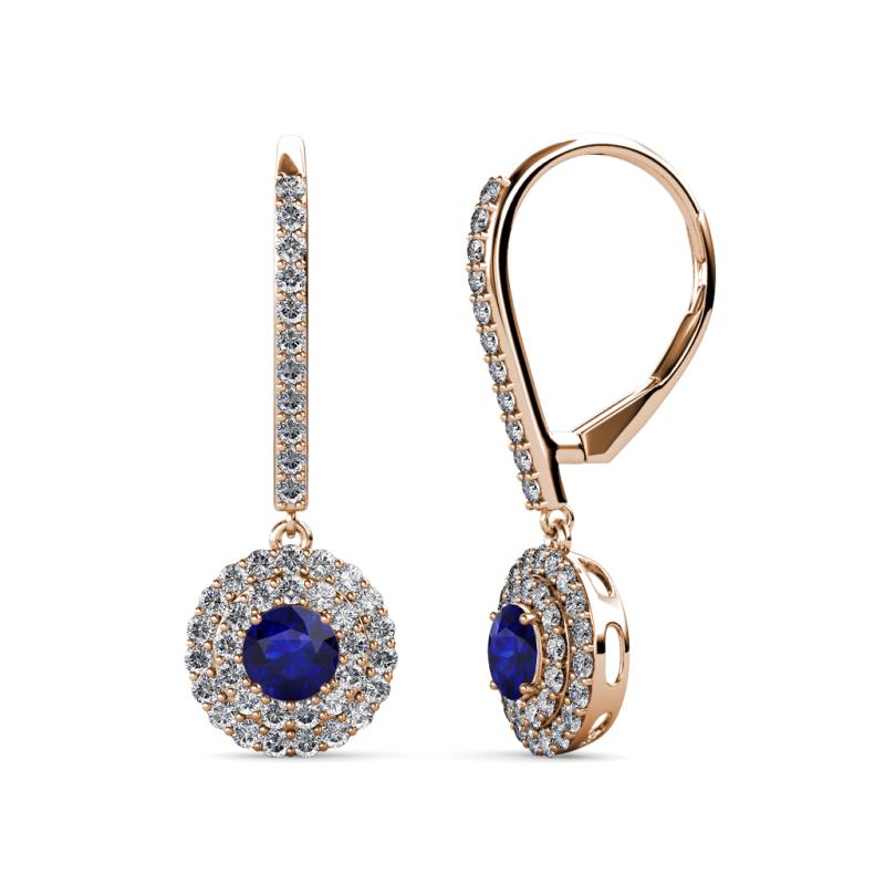 Mavra 3.5mm Blue Sapphire and Diamond Double Halo Dangling Earrings 