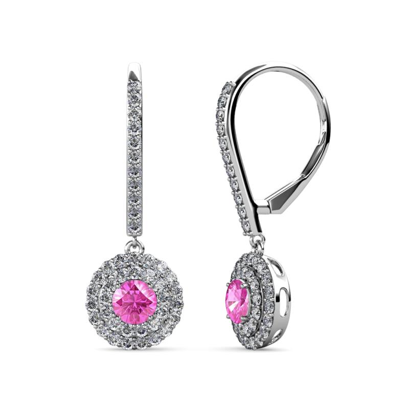 Mavra 3.5mm Pink Sapphire and Diamond Double Halo Dangling Earrings 