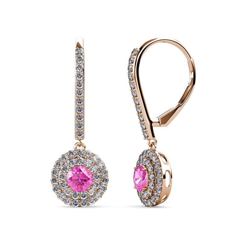 Mavra 3.5mm Pink Sapphire and Diamond Double Halo Dangling Earrings 