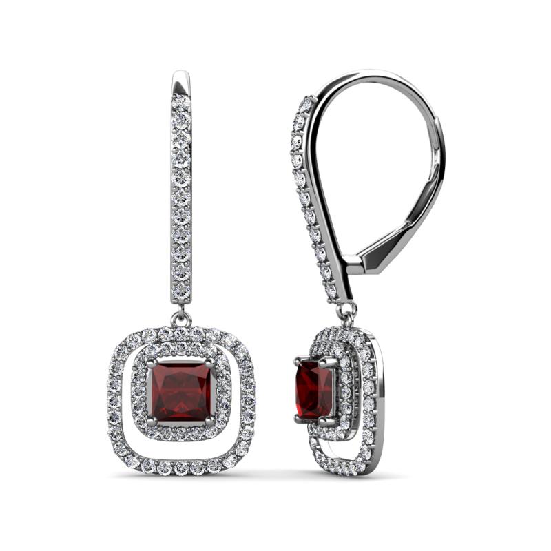 Turia Red Garnet and Diamond Double Halo Dangling Earrings 