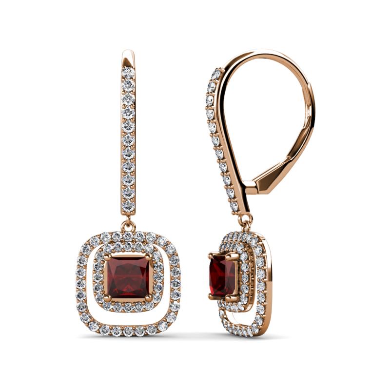 Turia Red Garnet and Diamond Double Halo Dangling Earrings 
