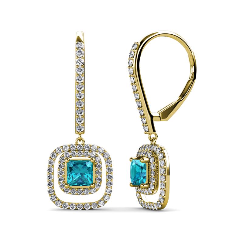 Turia London Blue Topaz and Diamond Double Halo Dangling Earrings 