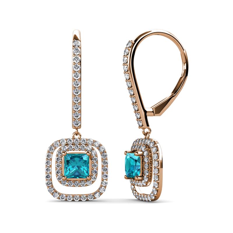 Turia London Blue Topaz and Diamond Double Halo Dangling Earrings 