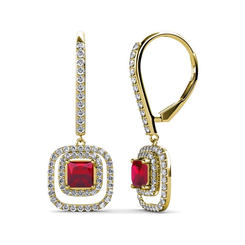 Turia Ruby and Diamond Double Halo Dangling Earrings 