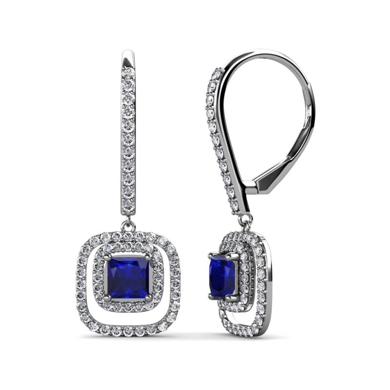 Turia Blue Sapphire and Diamond Double Halo Dangling Earrings 