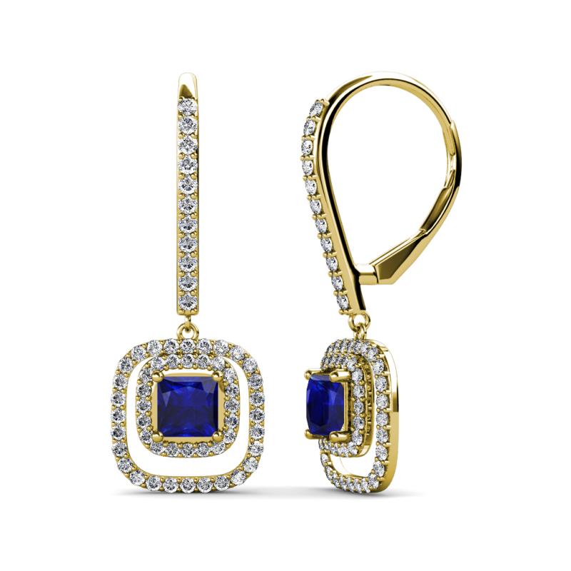 Turia Blue Sapphire and Diamond Double Halo Dangling Earrings 